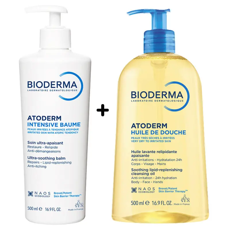 BIODERMA Atoderm Intensive Balzsam 500 ml + Atoderm Olajtusfürdő 500 ml csomag BIODERMA Atoderm Intensive Balzsam 500 ml + Atoderm Olajtusfürdő 500 ml csomag