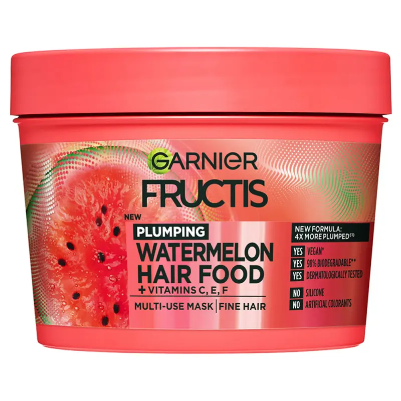 GARNIER Fructis Hair Food Plumping Watermelon 3in1 hajpakolás vékonyszálú, nem elég dús hajra 400 ml GARNIER Fructis Hair Food Plumping Watermelon 3in1 hajpakolás vékonyszálú, nem elég dús hajra 400 ml