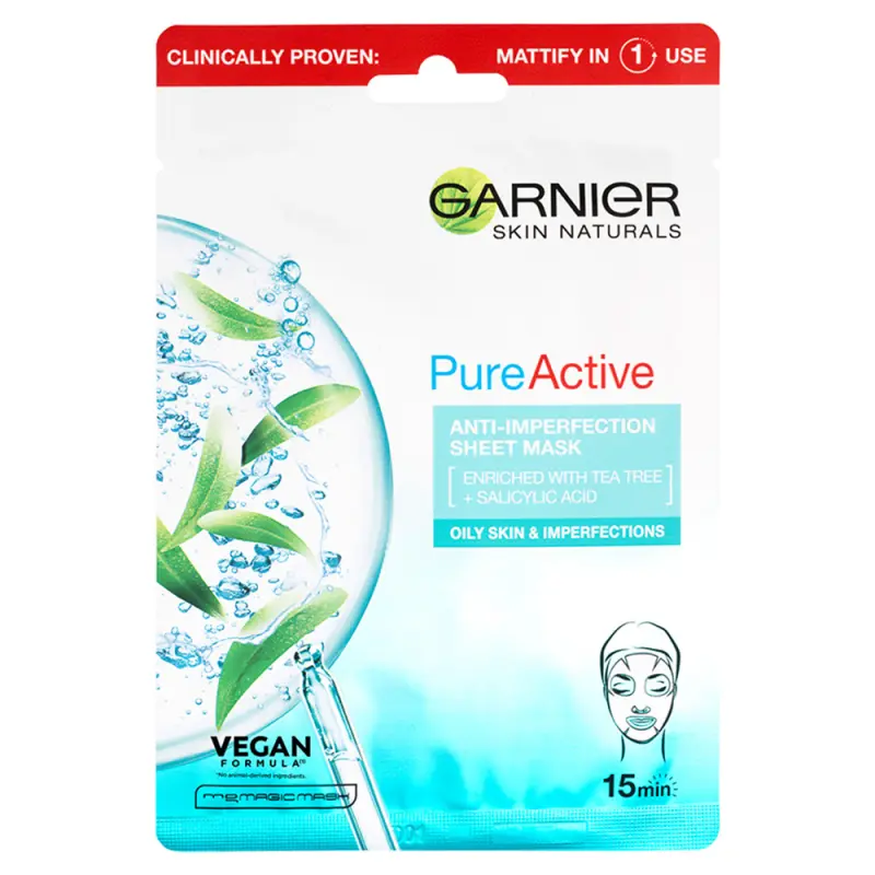 GARNIER Pure Active Hidratáló, bőrhibák elleni textilmaszk 28 ml
