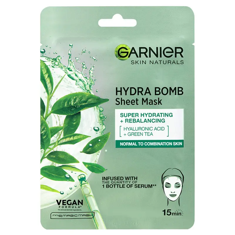 GARNIER Skin Naturals Hydra Bomb Szuper hidratáló, tisztító textilmaszk zöld teával 28 g