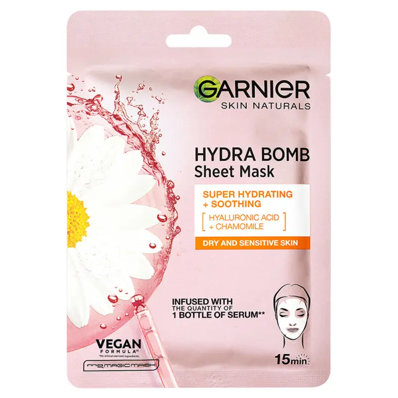 GARNIER Skin Naturals Hydra Bomb Szuper hidratáló, nyugtató textilmaszk kamillával 28 g