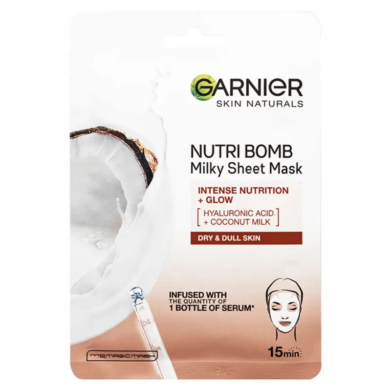 GARNIER Skin Naturals Nutri Bomb Intenzíven tápláló és ragyogást adó textilmaszk kókusztejjel 28 g