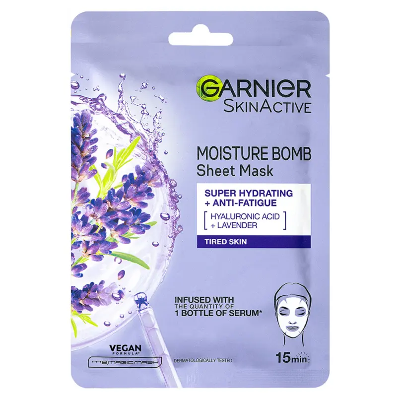 GARNIER Skin Naturals Moisture Bomb Textilmaszk a fáradtság jelei ellen levendula esszenciális olajjal 28 g