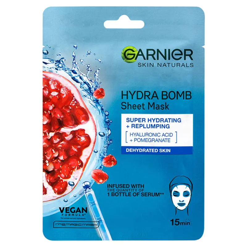 GARNIER Skin Naturals Hydra Bomb Hidratáló és bőrfeltöltő textilmaszk gránátalmával 28 g
