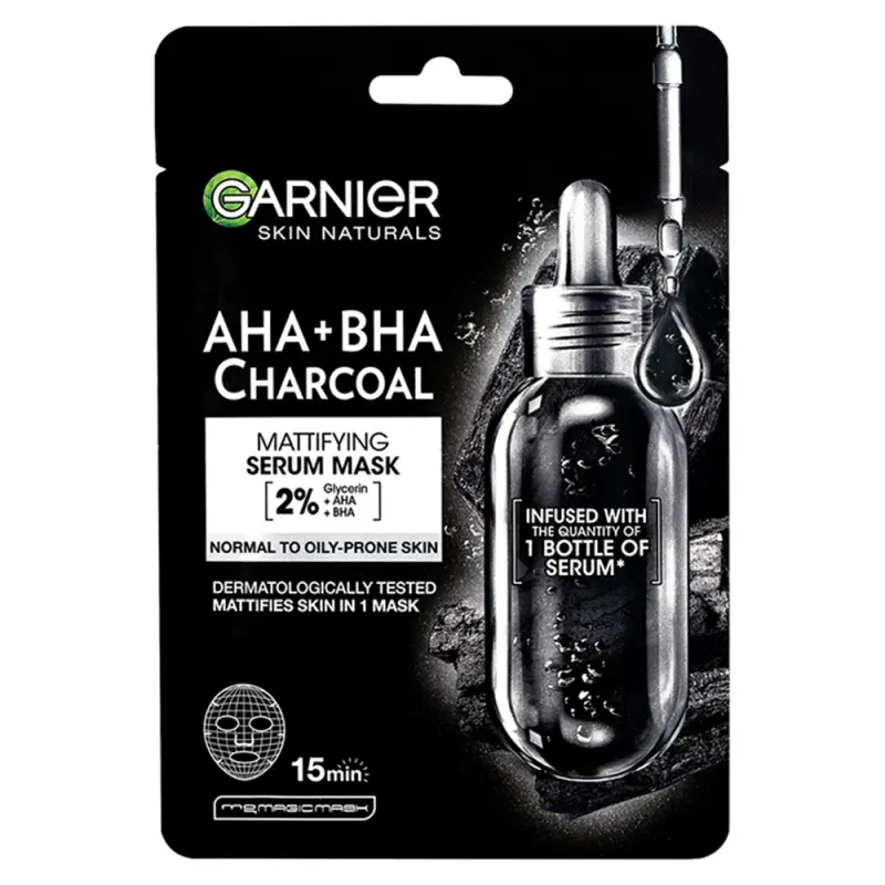 GARNIER Skin Naturals AHA+BHA Charcoal Tisztító és hidratáló textilmaszk tág pórusokra 28 g GARNIER Skin Naturals AHA+BHA Charcoal Tisztító és hidratáló textilmaszk tág pórusokra 28 g
