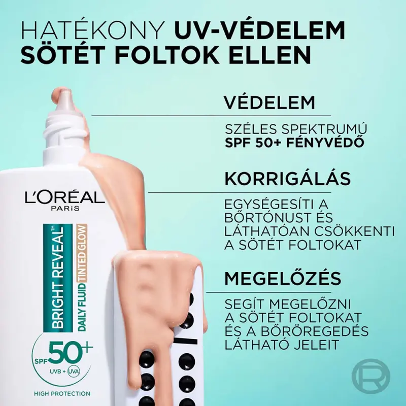 Bright Reveal ragyogást adó, színezett fluid SPF50 fényvédővel sötét foltok ellen 50 ml