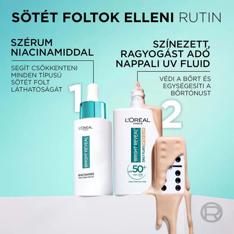 Bright Reveal ragyogást adó, színezett fluid SPF50 fényvédővel sötét foltok ellen 50 ml