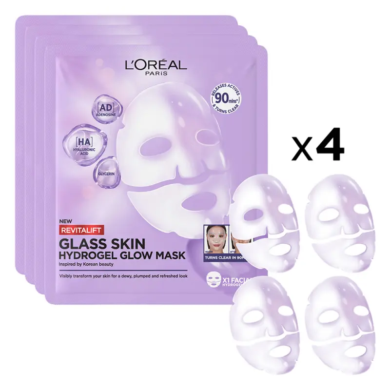 L'ORÉAL PARIS Revitalift Filler Glass Skin Hidrogél Ragyogást adó arcmaszk box 4 db