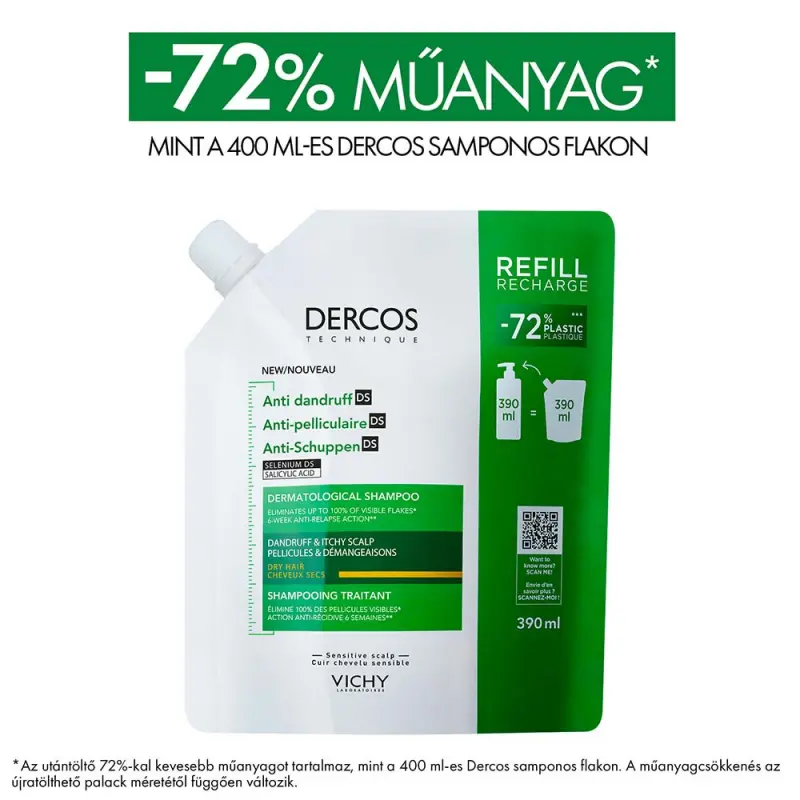 Dercos Korpásodás elleni sampon száraz hajra utántöltő 390 ml